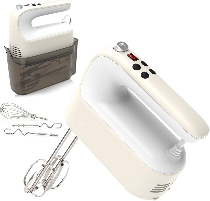 Yomelo 9-Speed Digital Hand Mixer Electric, 400W Powerful DC Motor, Hand Mixer Electric Handheld with Snap-On Storage Case, 5 Stainless Steel Accessories, Beaters, Dough Hooks, Whisk(Cream White) - Image 1